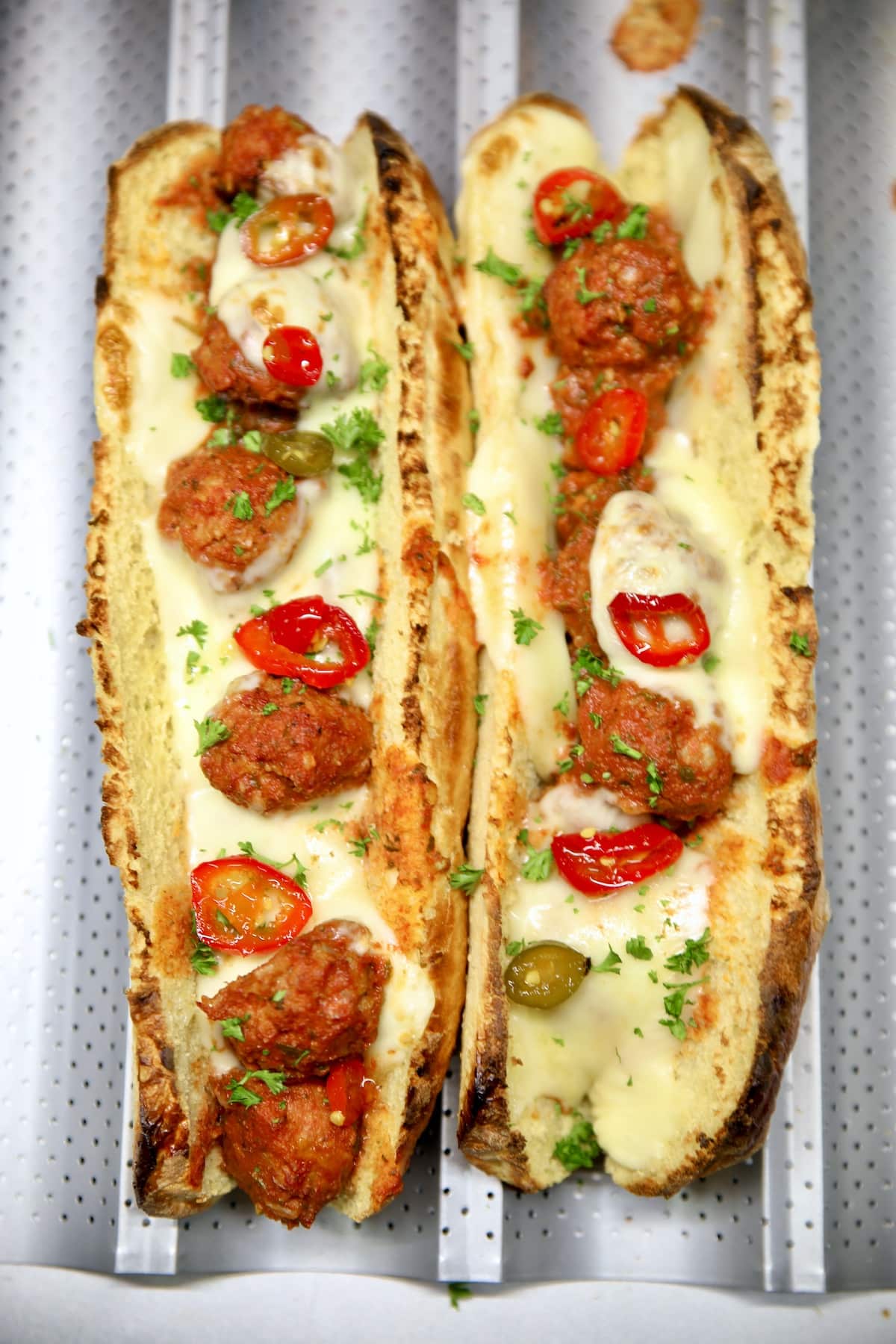 2 meatball sub sandwiches.