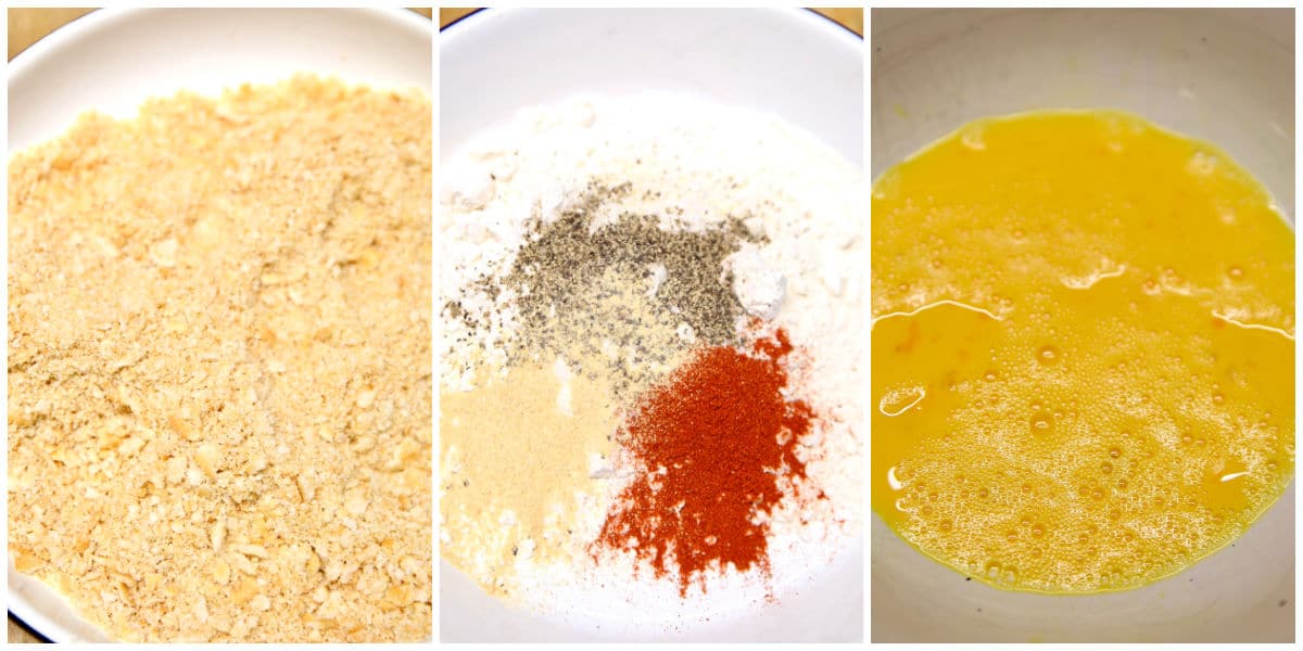 Breading station with ritz cracker crumbs, seasoned flour, eggs.