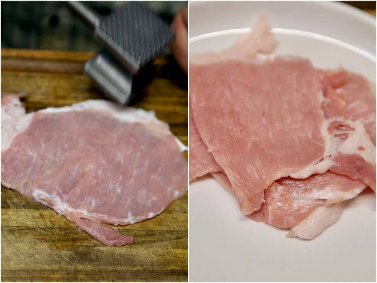 Pounding pork cutlets with a meat mallet/ on a plate.