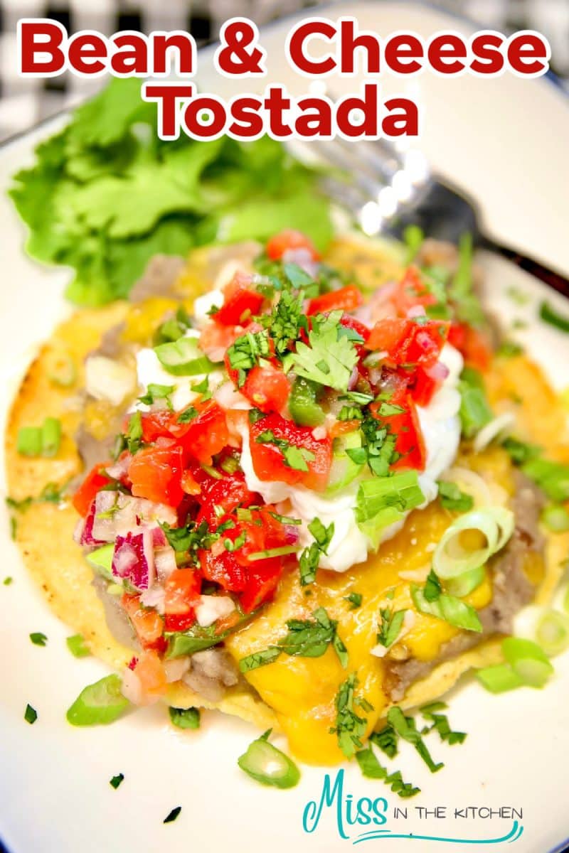 Bean and cheese tostada on a plate- text ovelay.