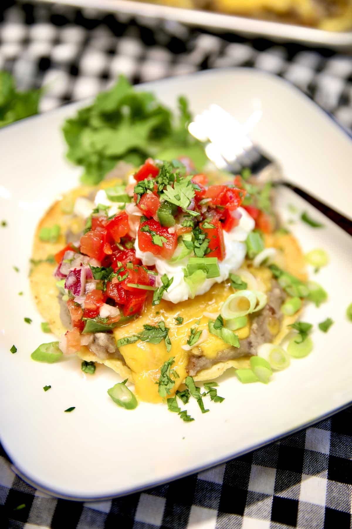 Plate with a bean and cheese tostada. 