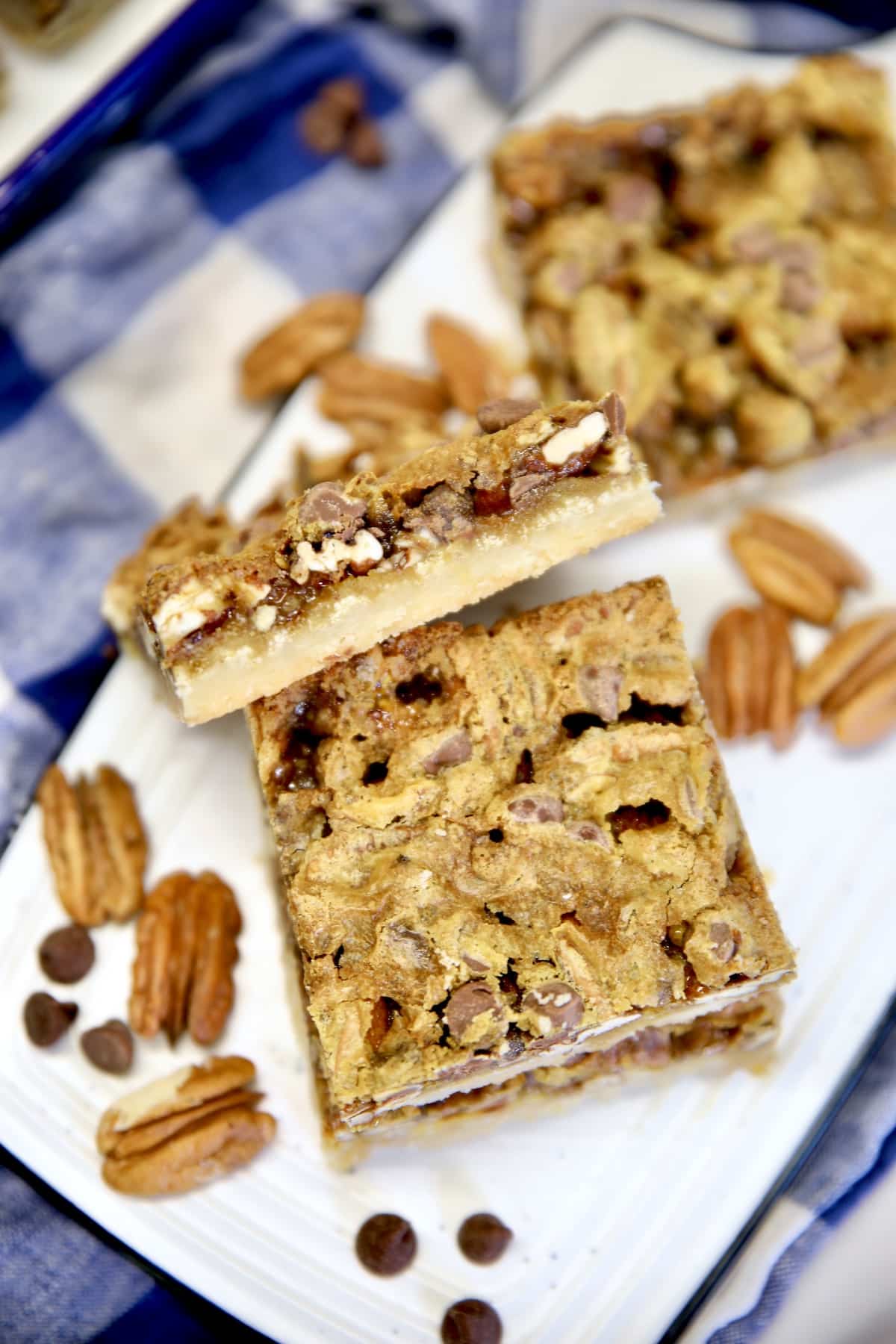 Chocolate Pecan Pie Bars on a platter.