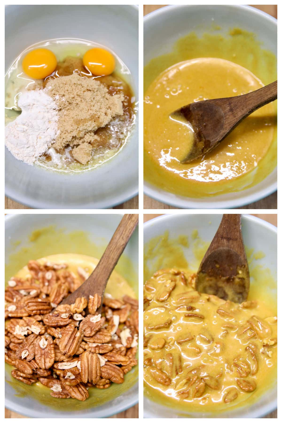 Collage: making filling for pecan pie bars.