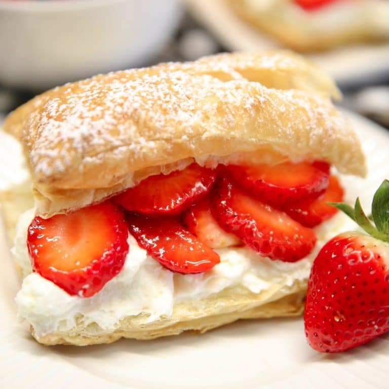 Strawberry Napoleon on a plate.