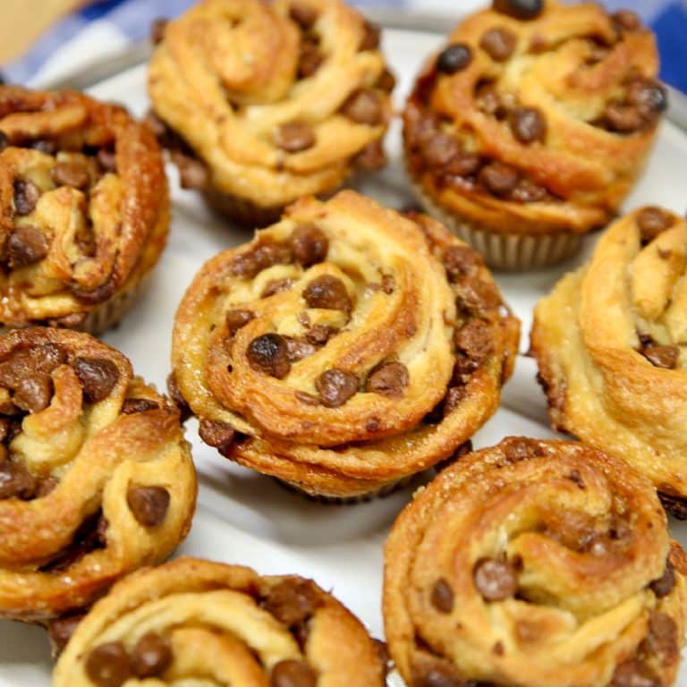 Chocolate chip cruffins on a plate.