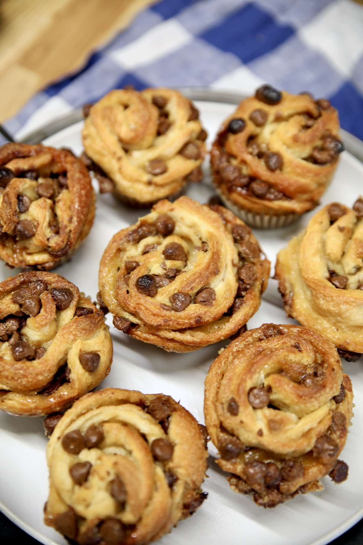 Platter of cruffins with chocolate chips.