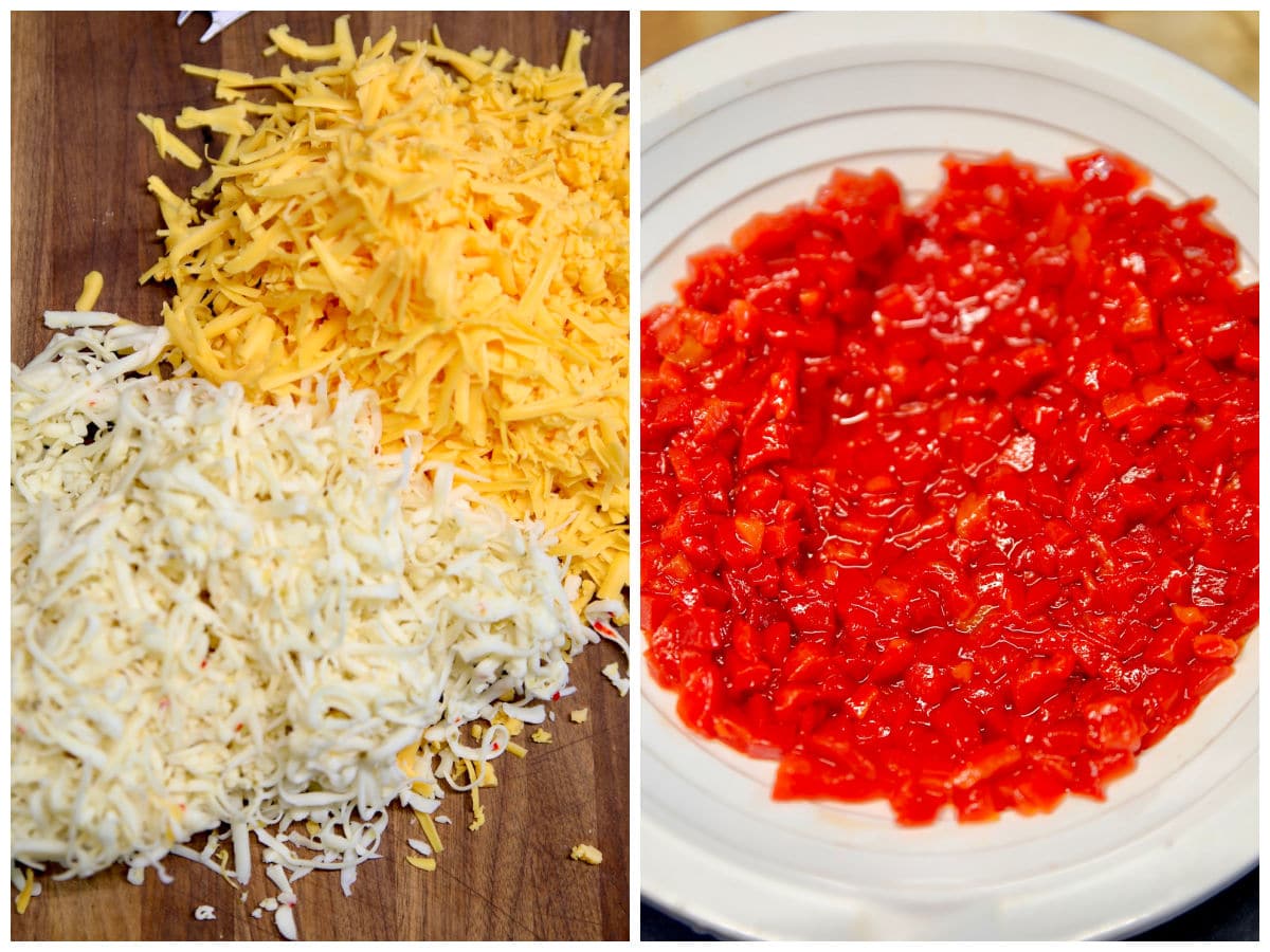 Types of cheese to use for pimento cheese, shredded and pimento peppers. Collage: shredded pepper jack and cheddar cheese / drained pimento peppers.