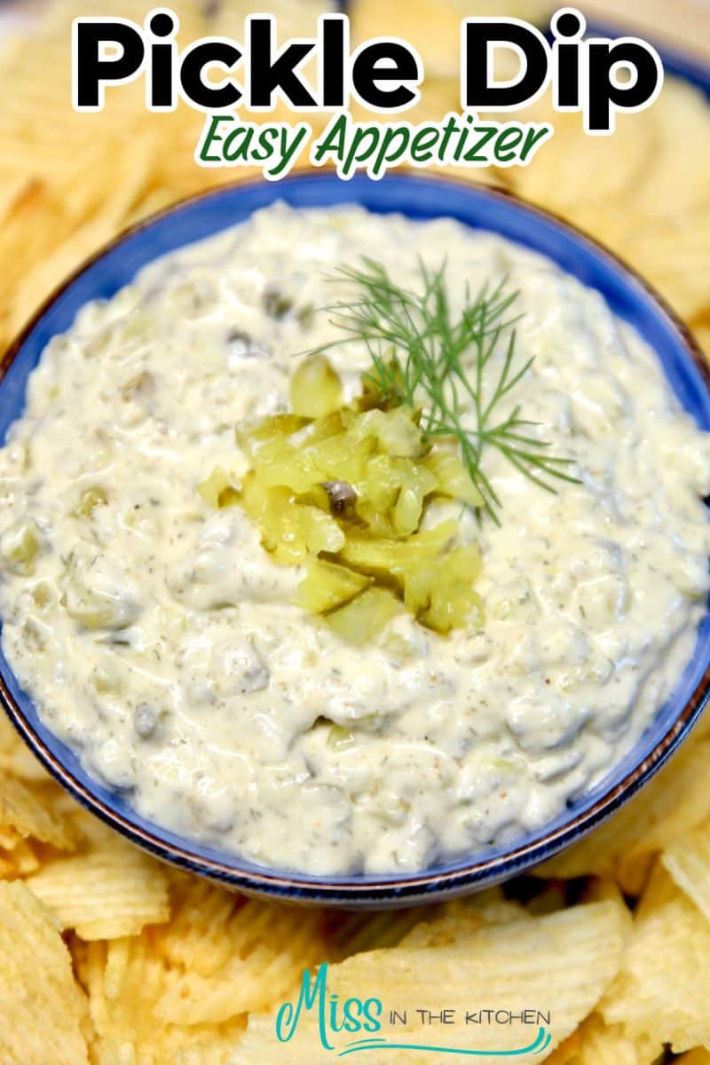 Bowl of pickle dip with chips. Text overlay.