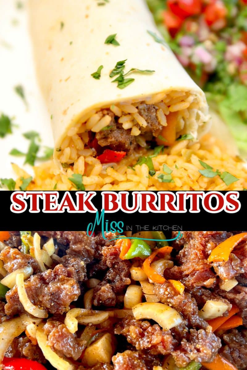 Steak burritos collage: plated/steak on grill.