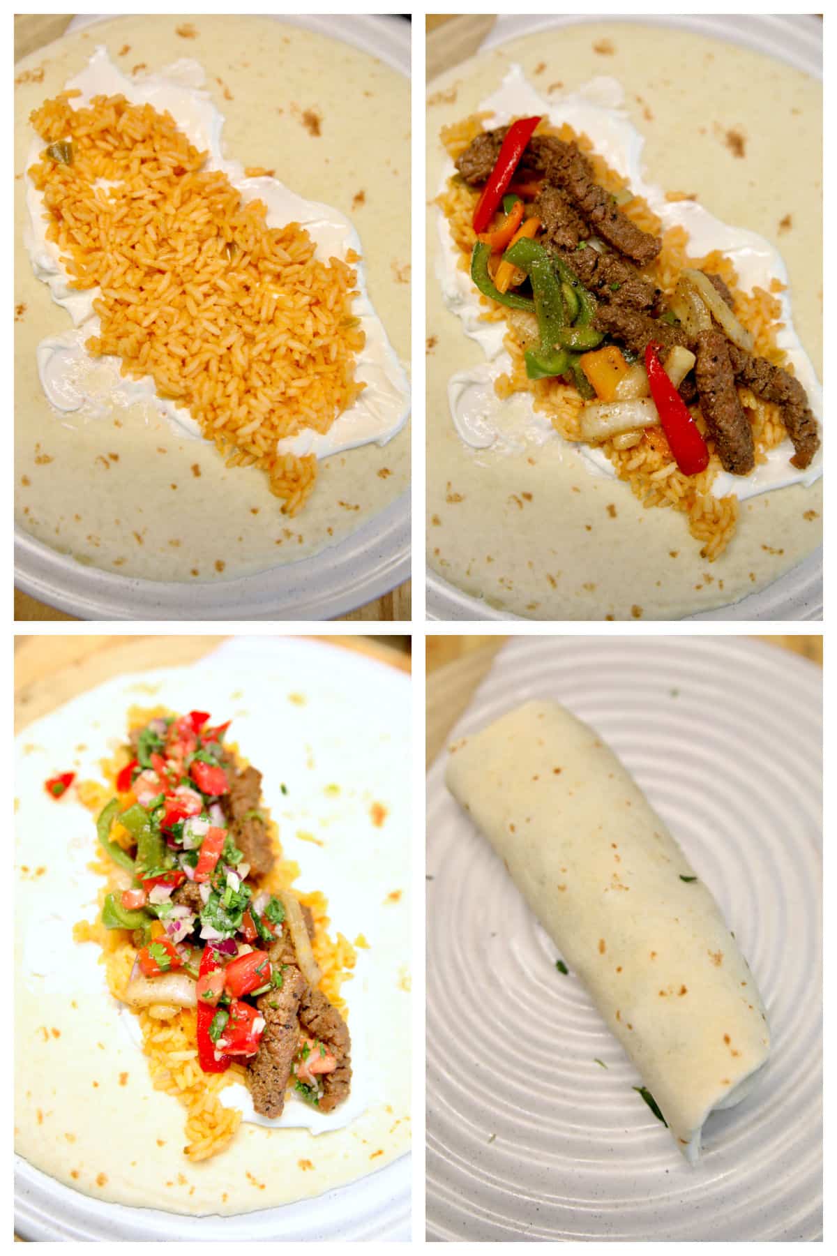 Collage making burritos with rice, steak, peppers and onions.