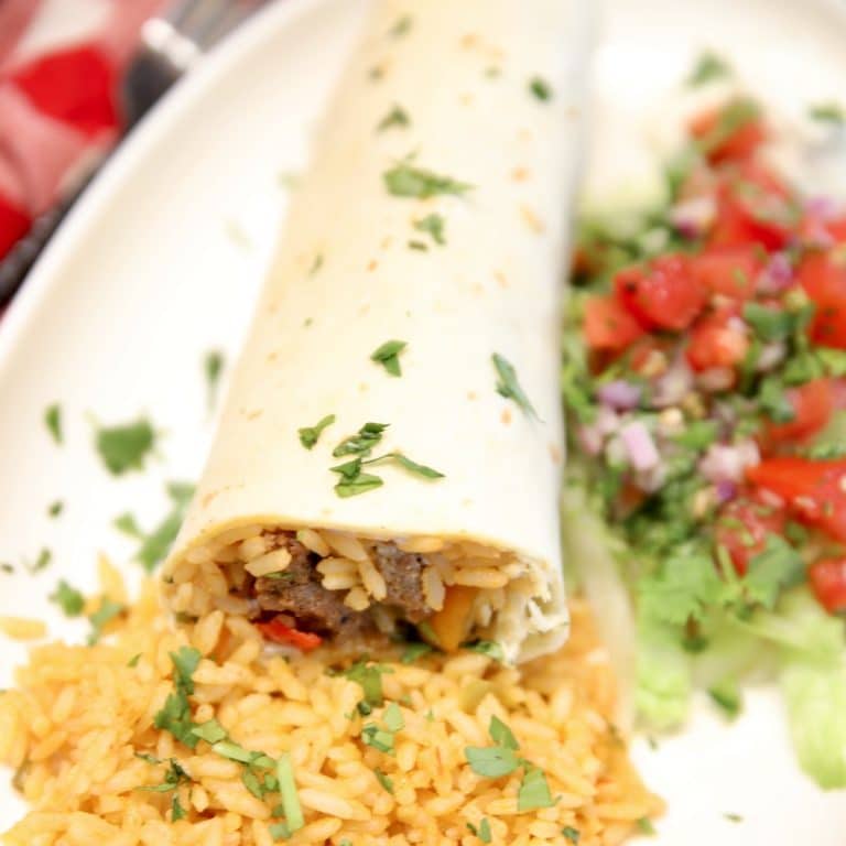 Steak burrito with rice on a plate.