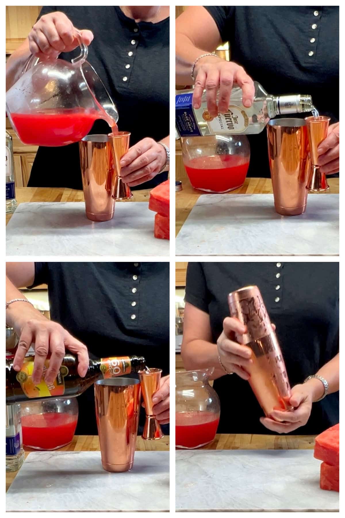 Collage making watermelon margaritas in a cocktail shaker. 