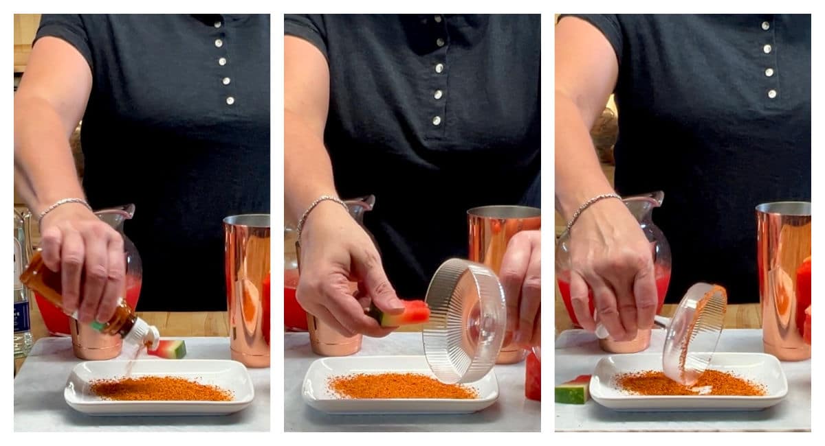 Collage garnishing rim of cocktail glass with Tajin.