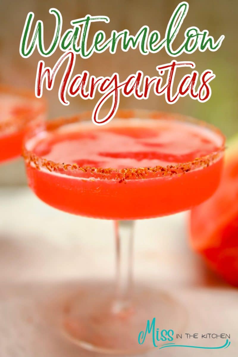 Cocktail glass with watermelon tequila drink - text overlay.