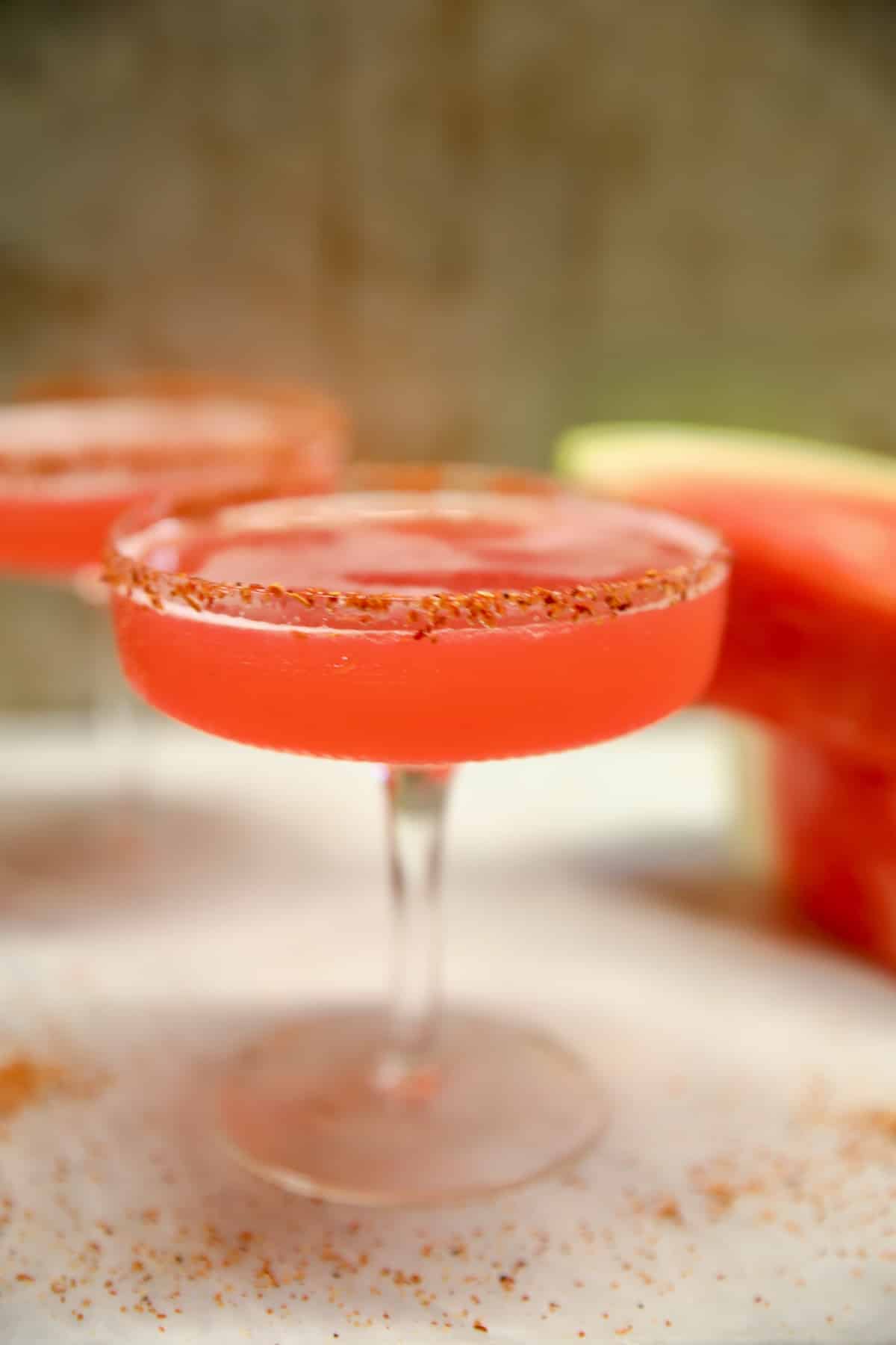 Watermelon drink in coupe glasses.