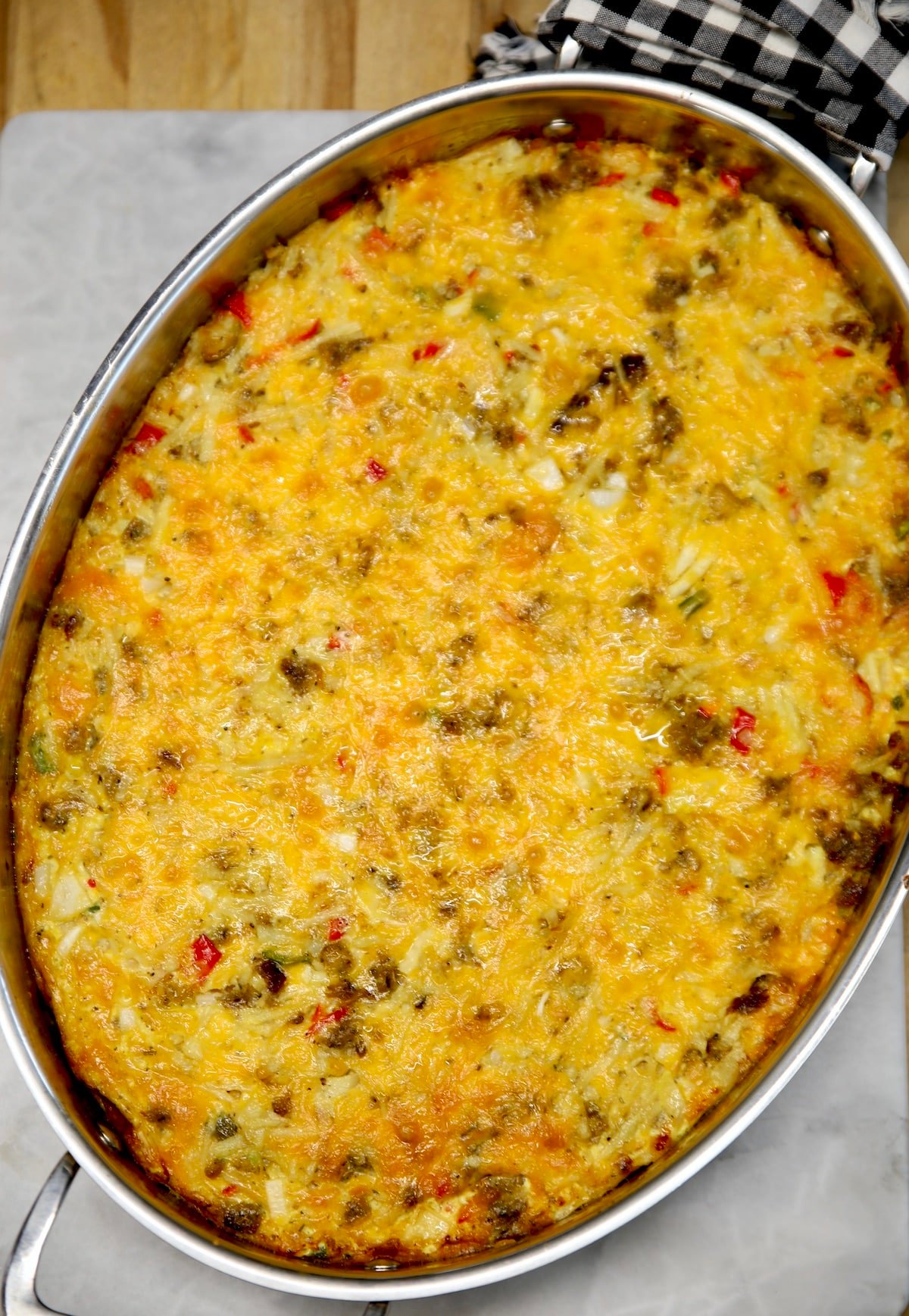 Casserole in an oval dish with hashbrowns.