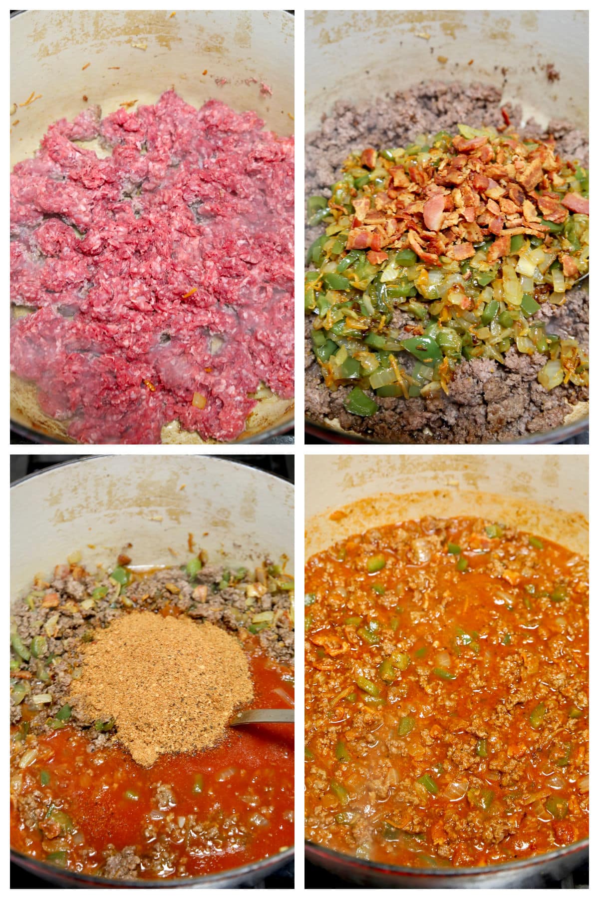 Collage: Cooking ground beef, making chili.