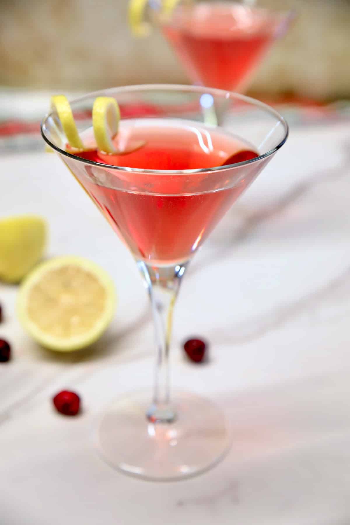 Cranberry cocktail in martini glasses.