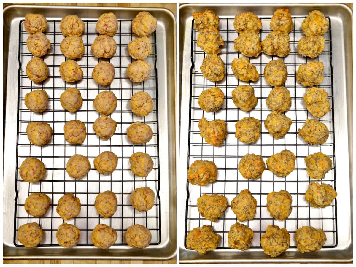 Collage of sausage balls on a wire rack lined baking sheet.