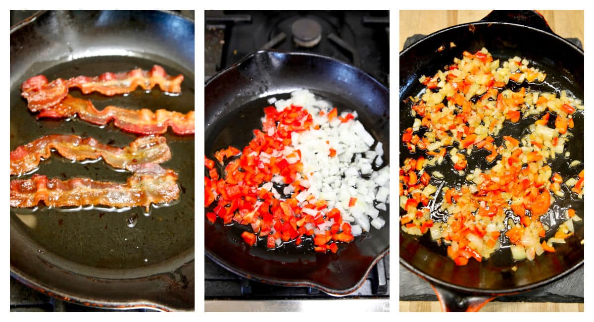 Collage frying bacon, bell peppers onions.