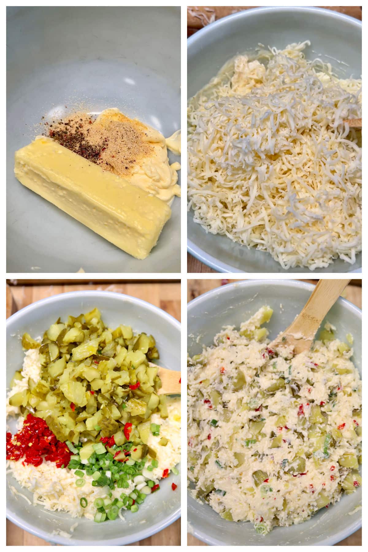 Collage making cheese and pickle topping for French bread.