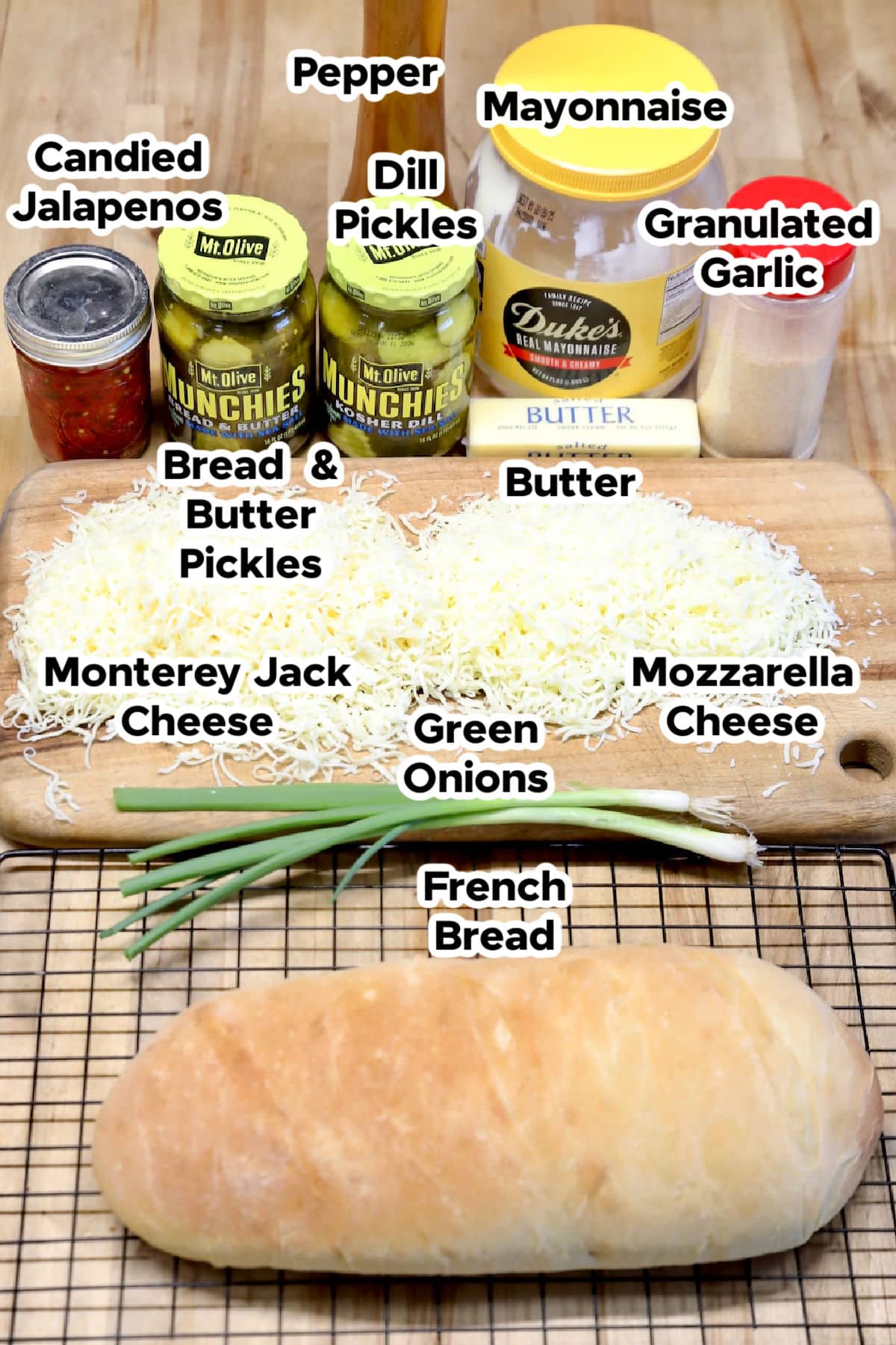 Ingredients for cheesy pickle bread.