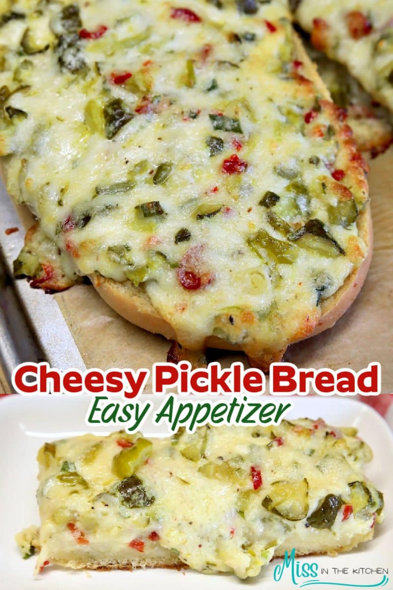 Collage: French bread topped with pickles and cheese.