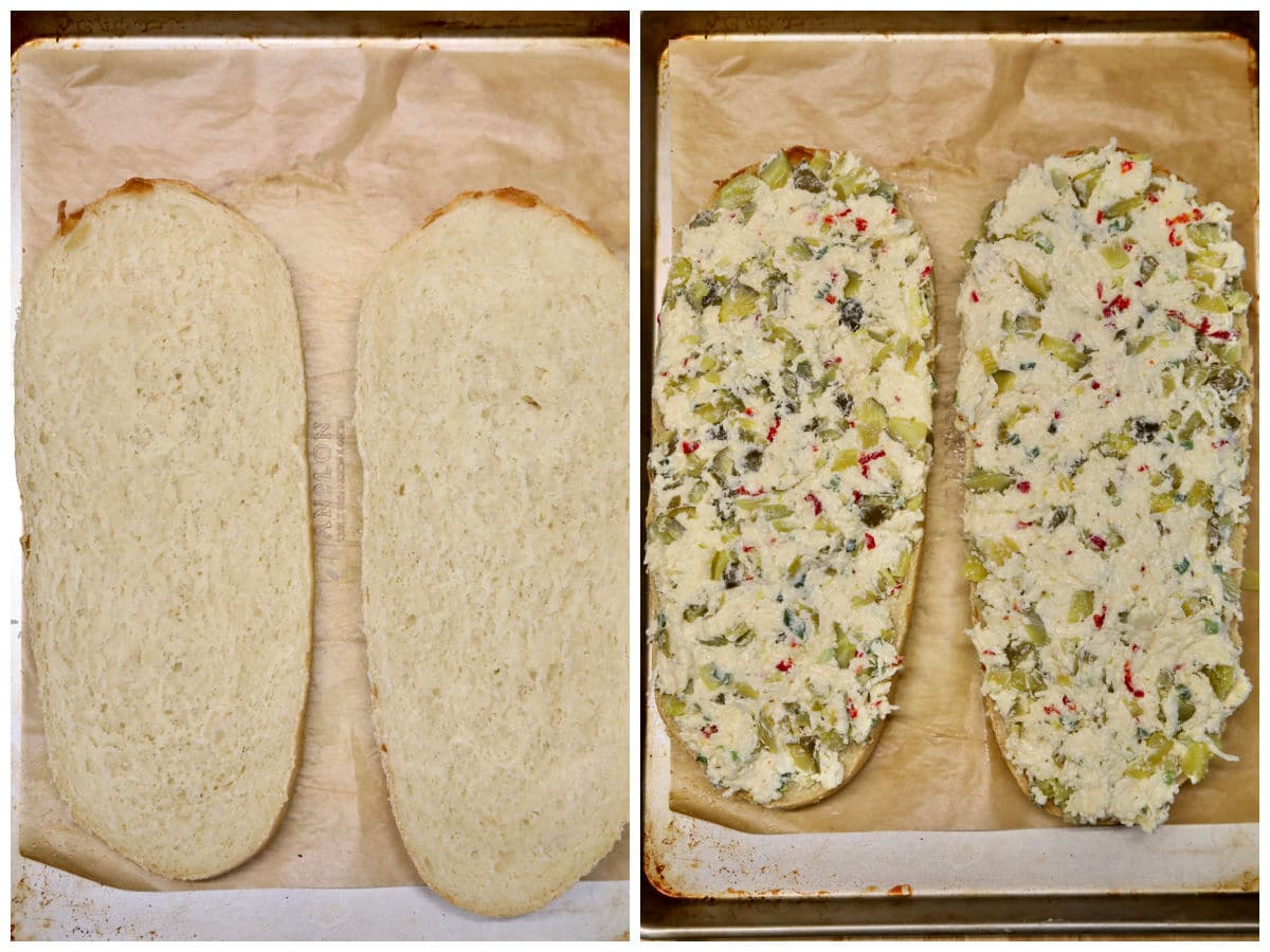 Collage: French bread cut in half/topped with cheese and pickle mixture.