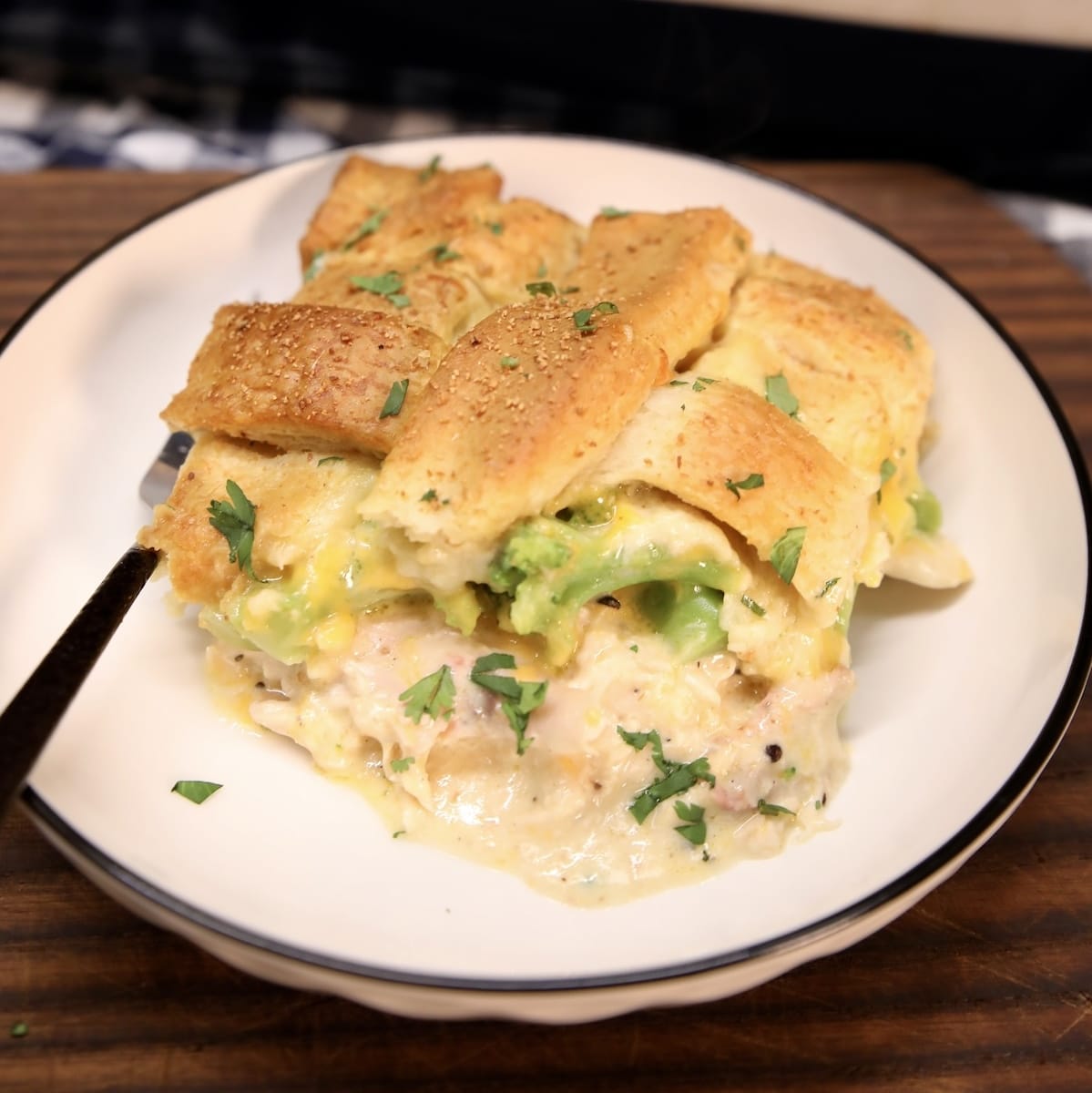 Chicken casserole with lattice crust.