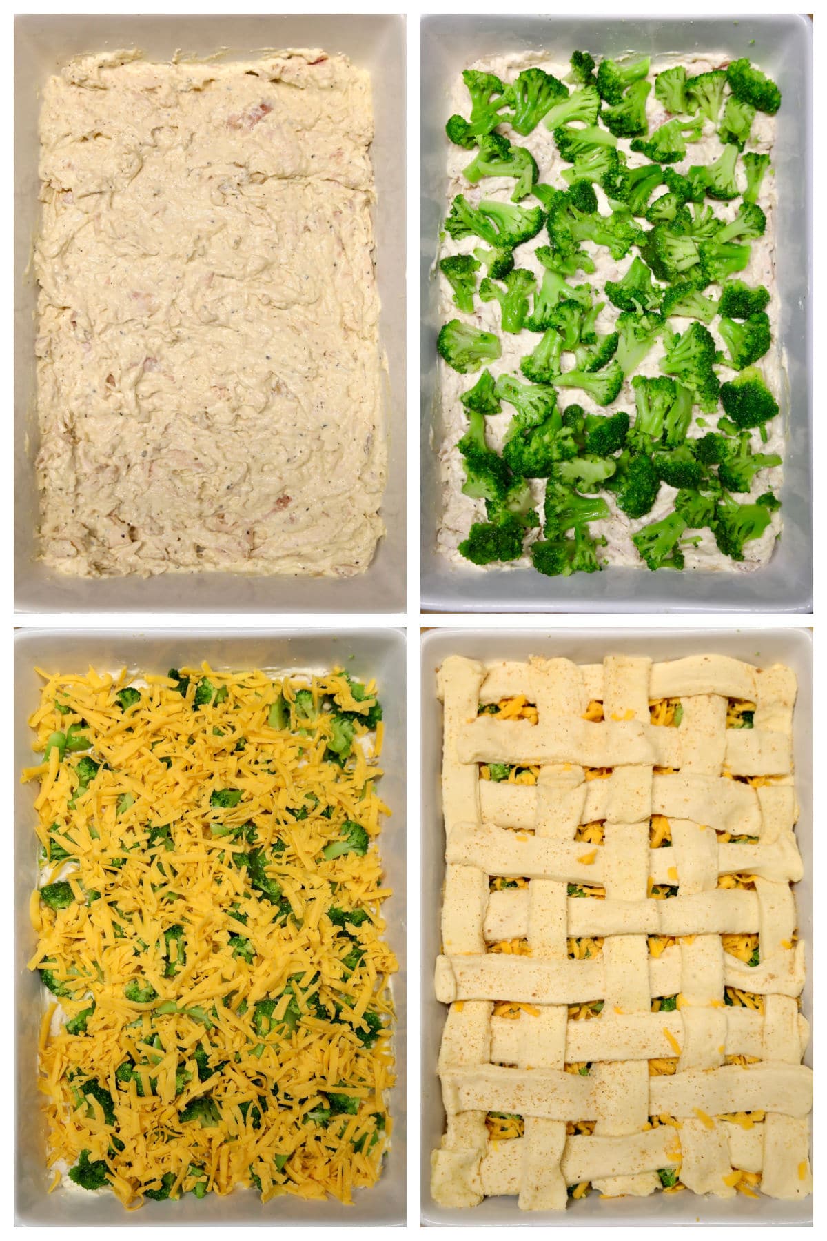 Collage making chicken broccoli casserole with lattice crust.