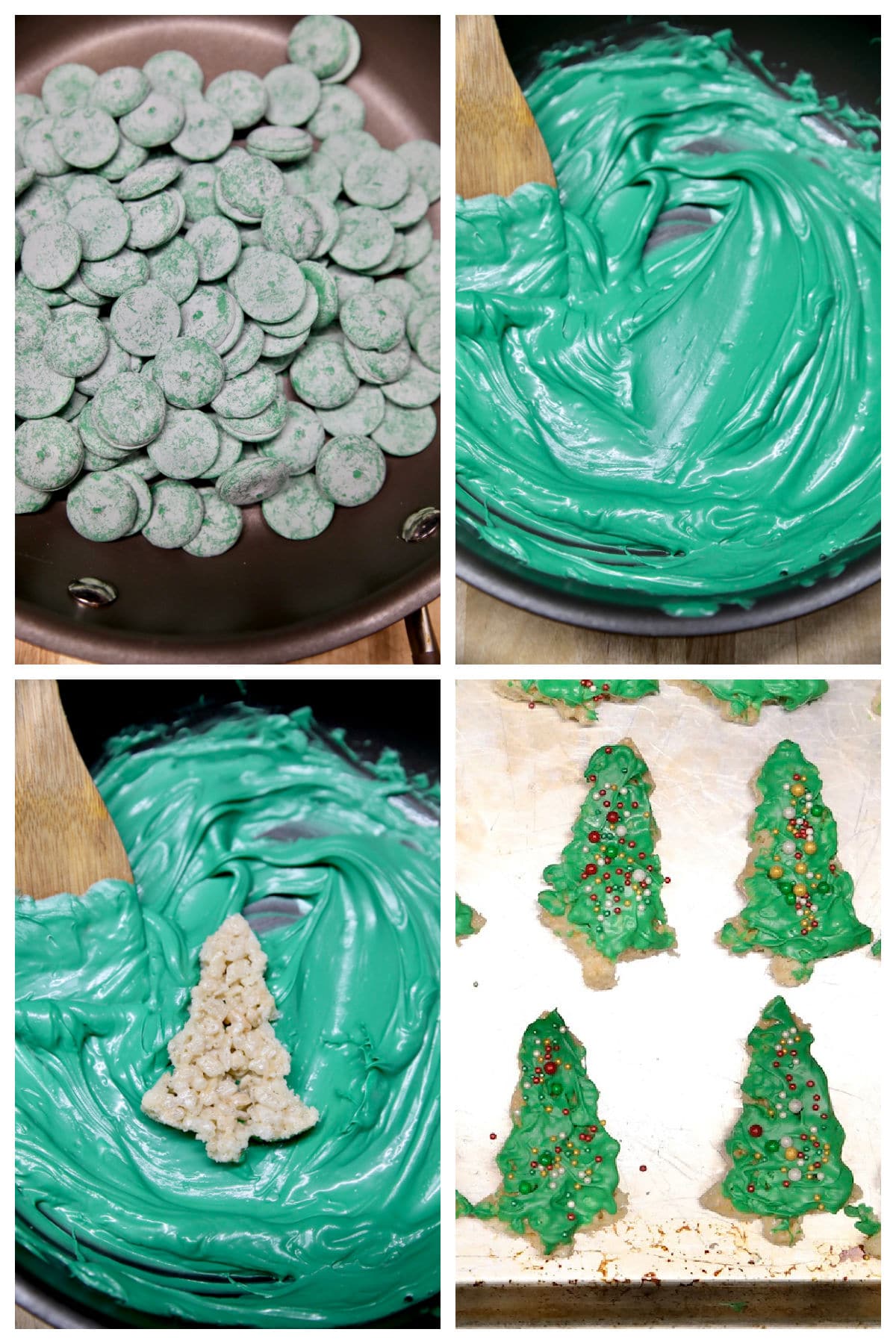 Melting green candy melts, dipping Christmas tree rice krispies treats.