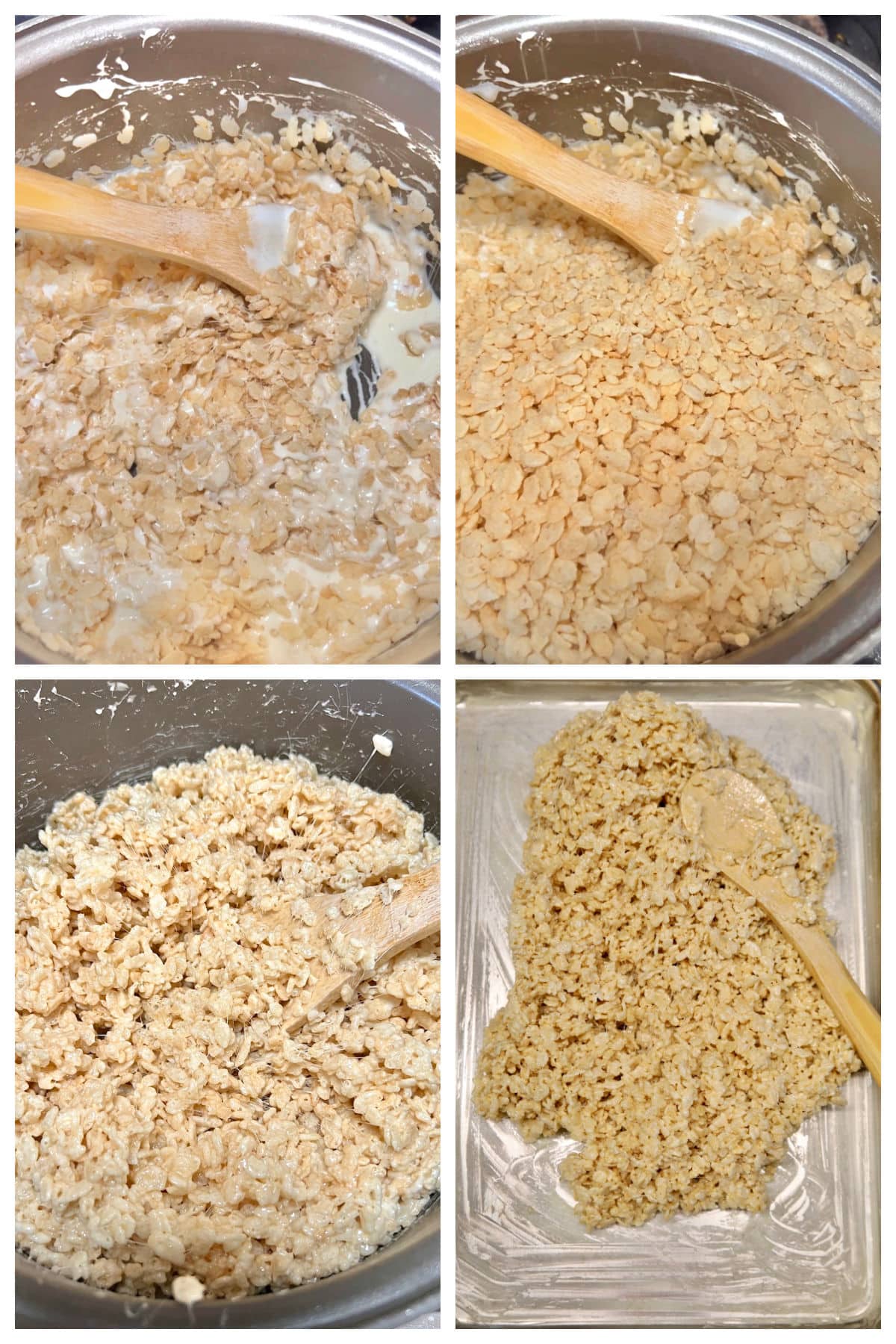 Collage making marshmallow treats, spreading in a pan.