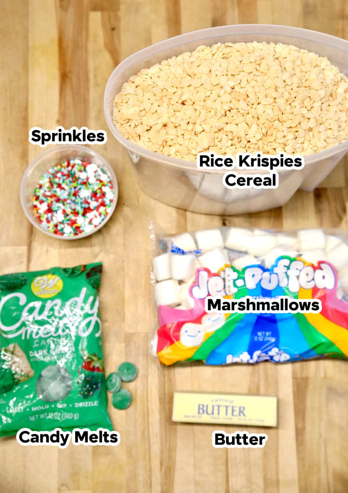 Ingredients for Christmas tree Rice Krispies treats.