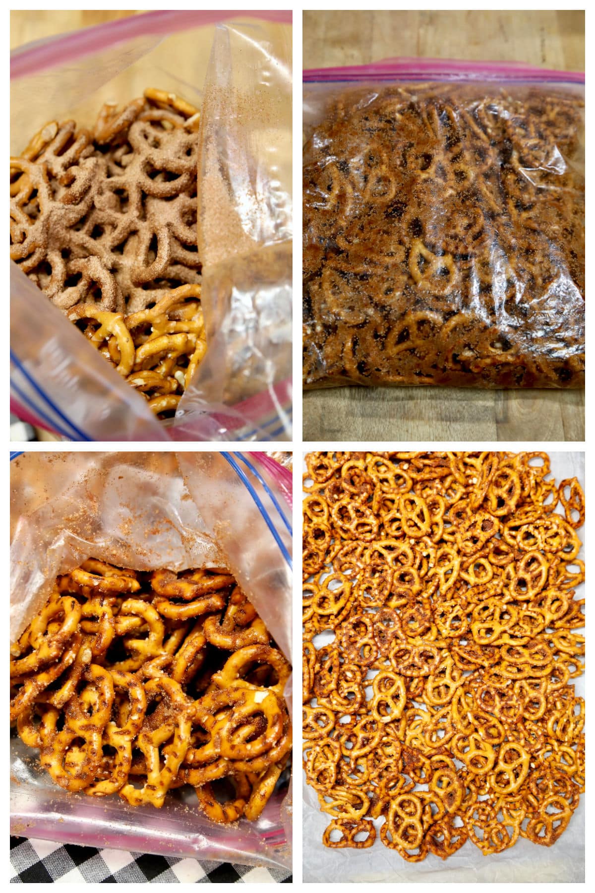 Collage making sweet and salt pretzels snack.