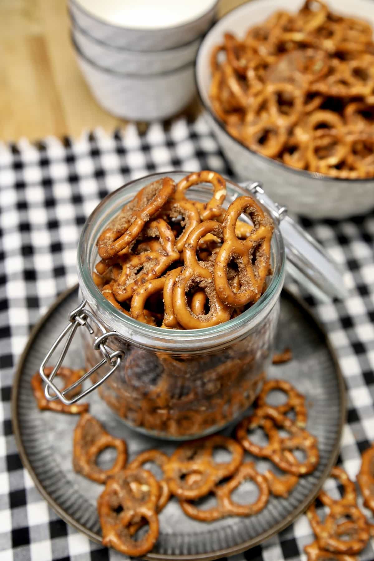 Jar of pretzels with cinnamon and sugar.