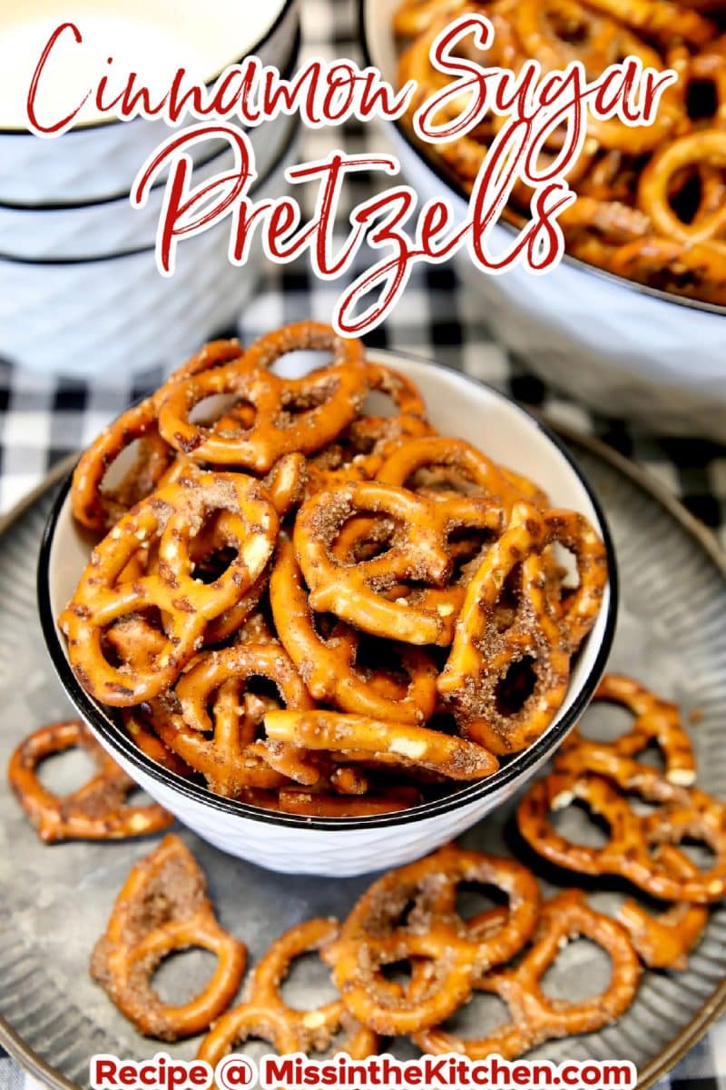 Bowl of sweet and salty pretzel snacks- text overlay.