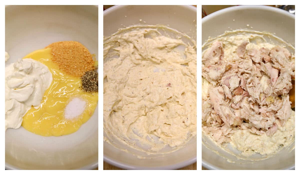 Making creamy chicken filling for casserole.