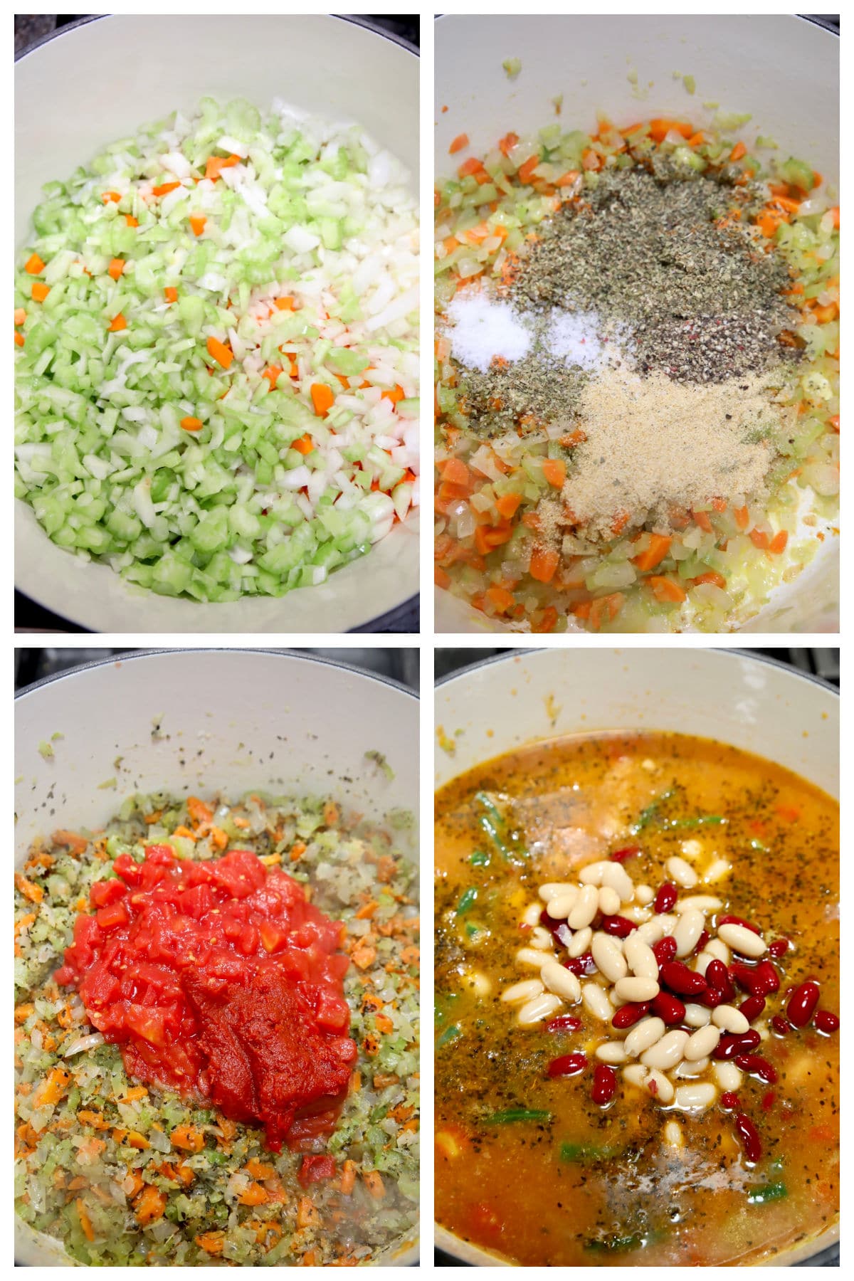 Collage making minestrone with vegetables and beans.