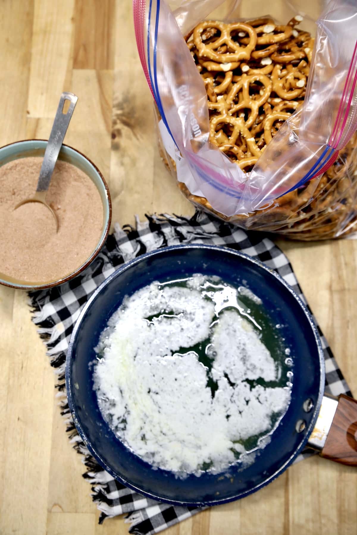 Ingredients for pretzels coated in sugar, cinnamon and butter.