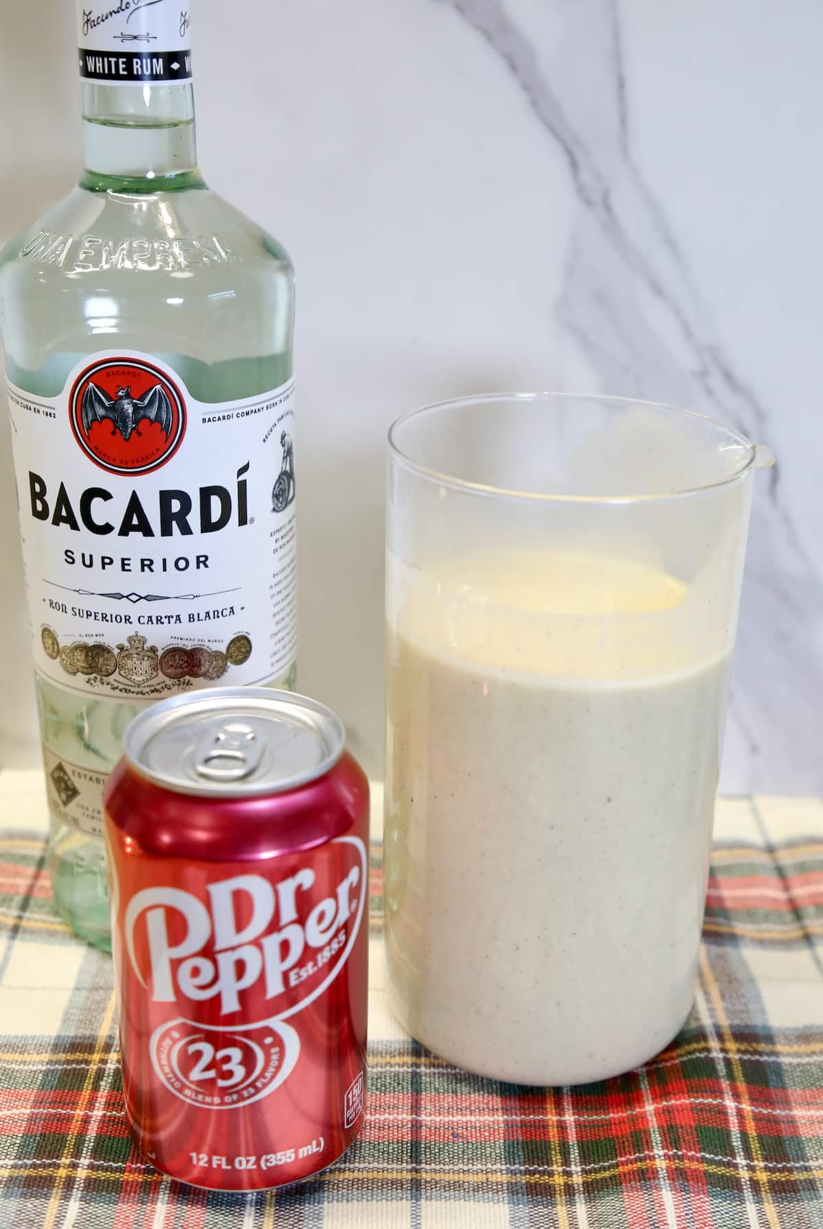 Bacardi rum, eggnog and Dr Pepper in a can.