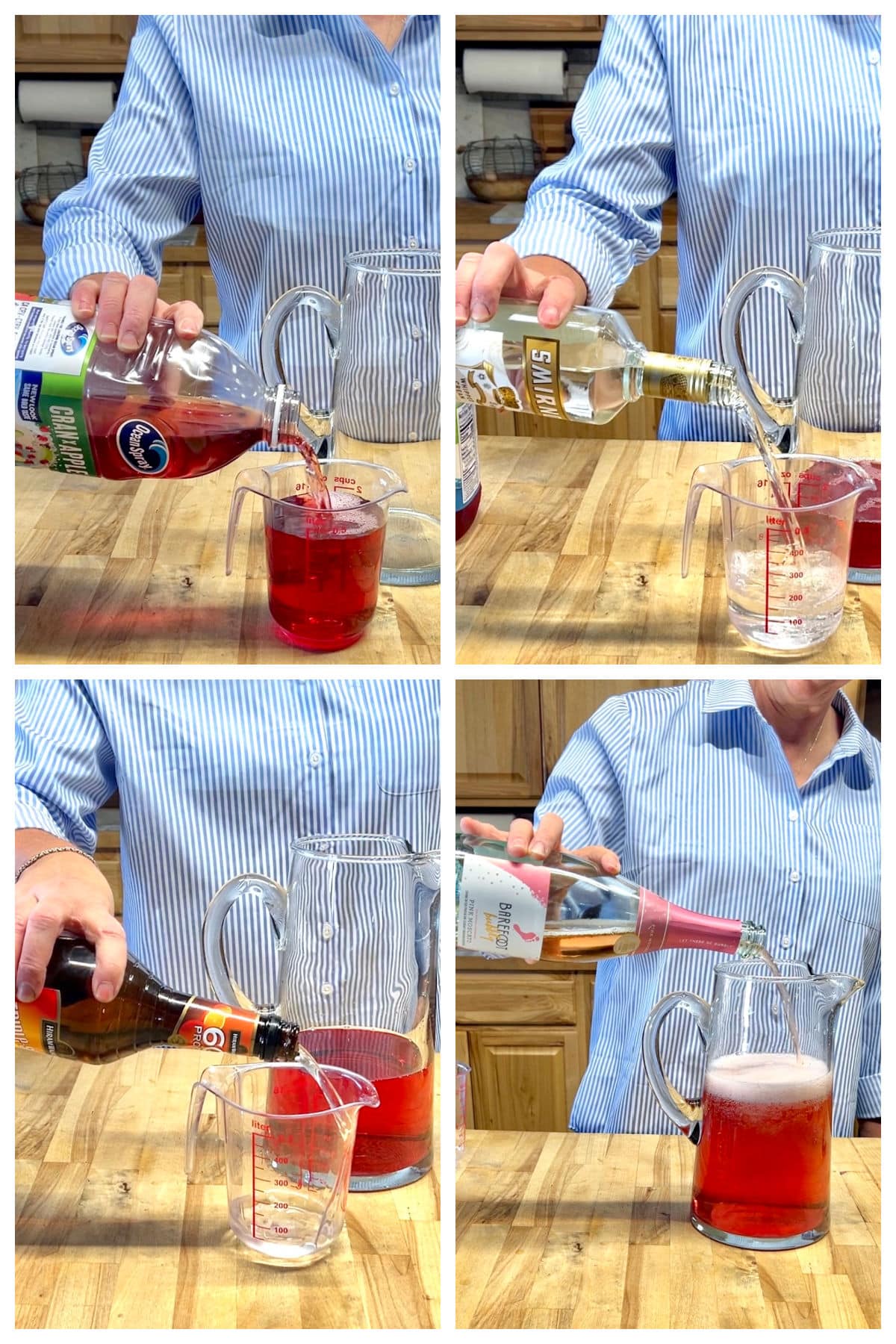 Collage: Making pitcher cocktail with cranberry juice, vodka, wine.