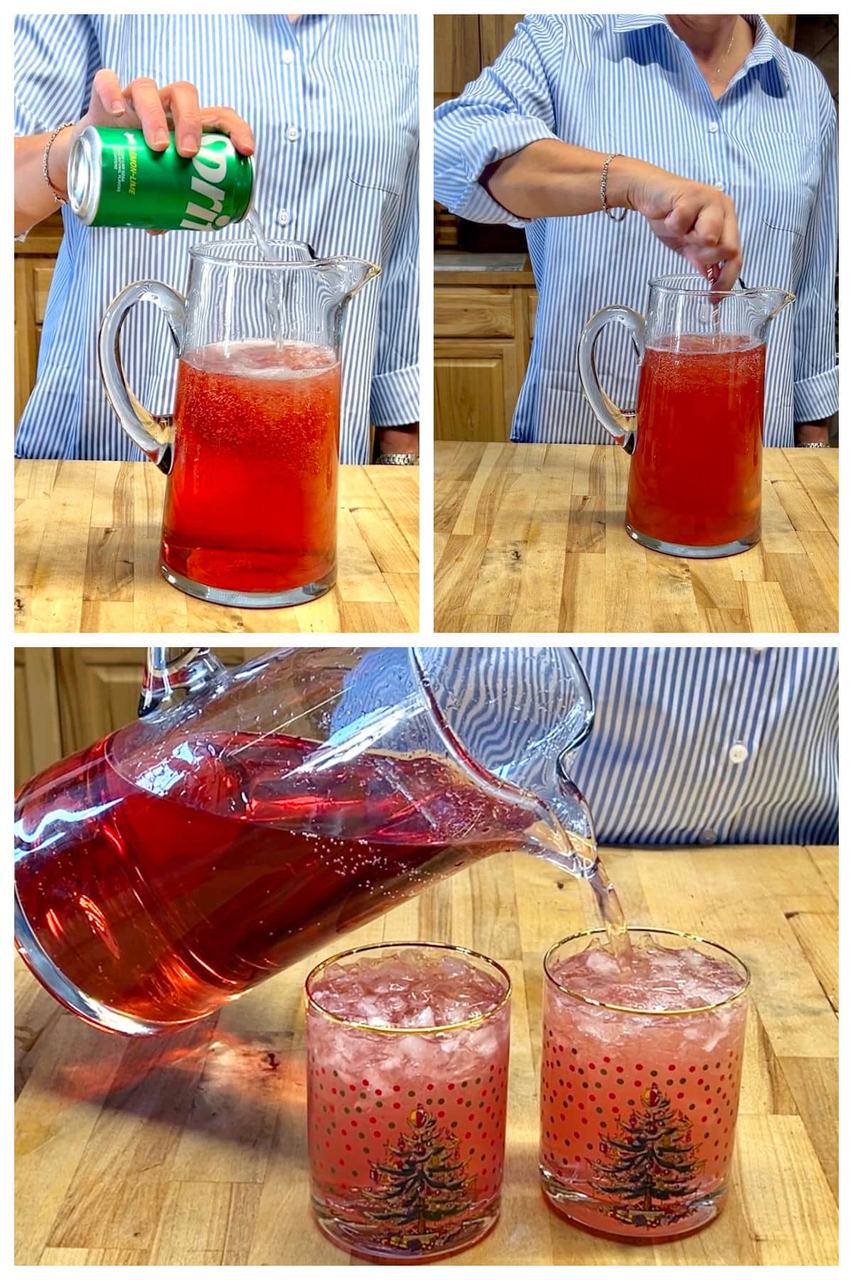 Making Christmas cocktail in a pitcher, pouring in a glass.