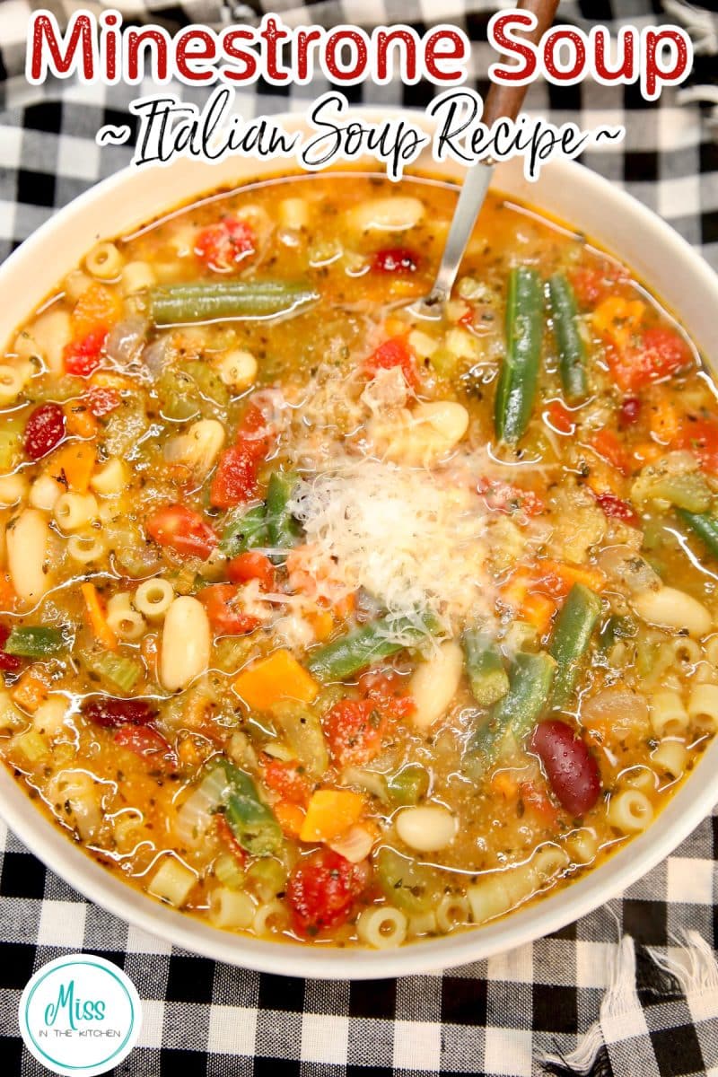 Minestrone soup in a bowl - text overlay.