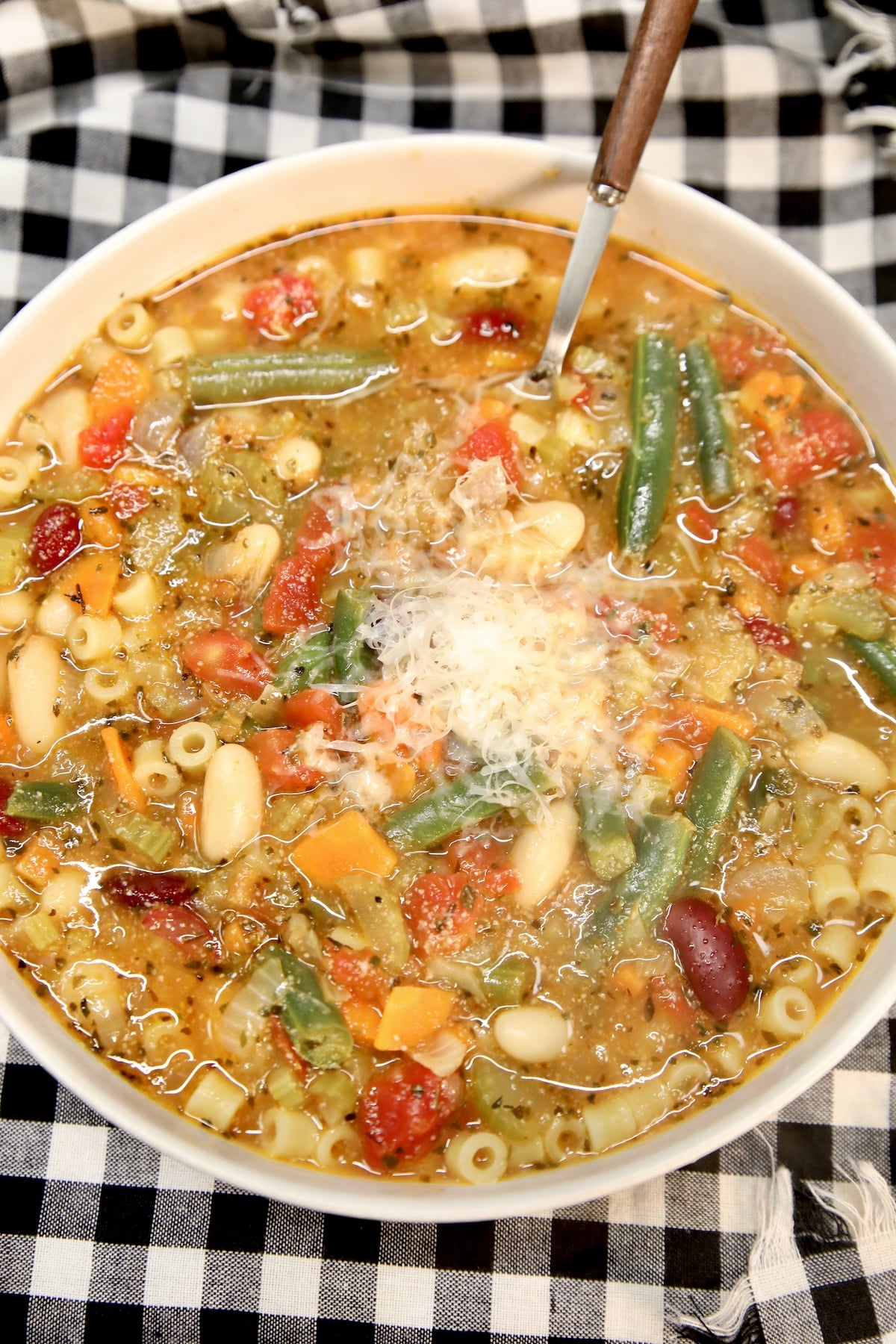 Bowl of Italian pasta soup with beans.