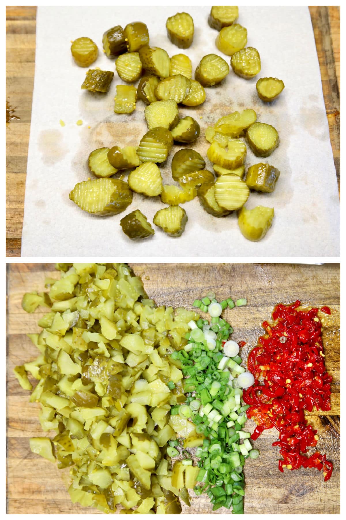 Collage: Pickles on paper towel/chopped, green onions, red jalapenos.