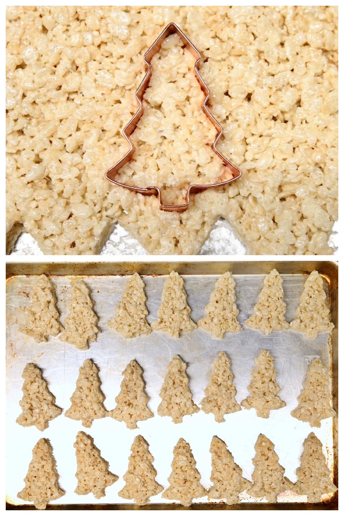 Cutting Rice Krispies in the shape of Christmas trees.