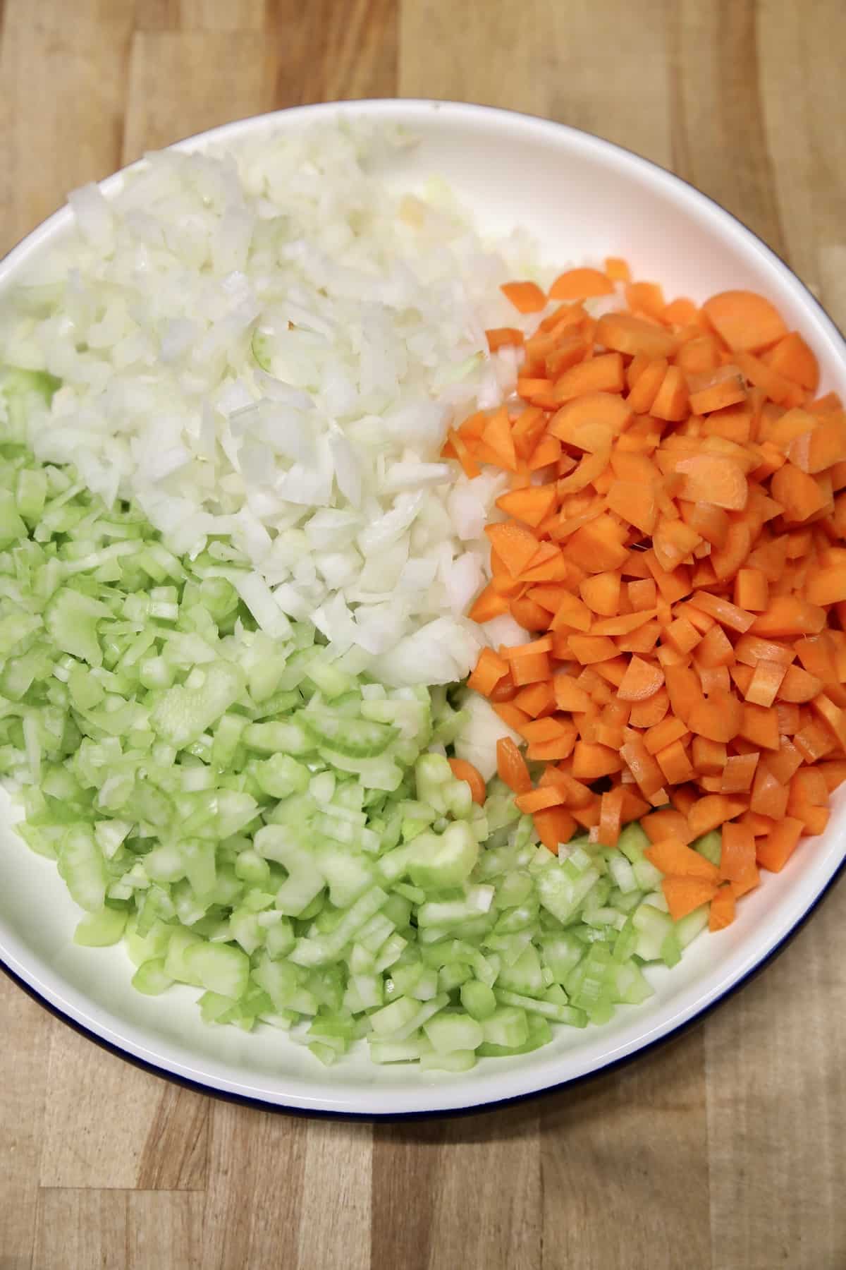 Celery, carrots, onions sliced in a pie plate.