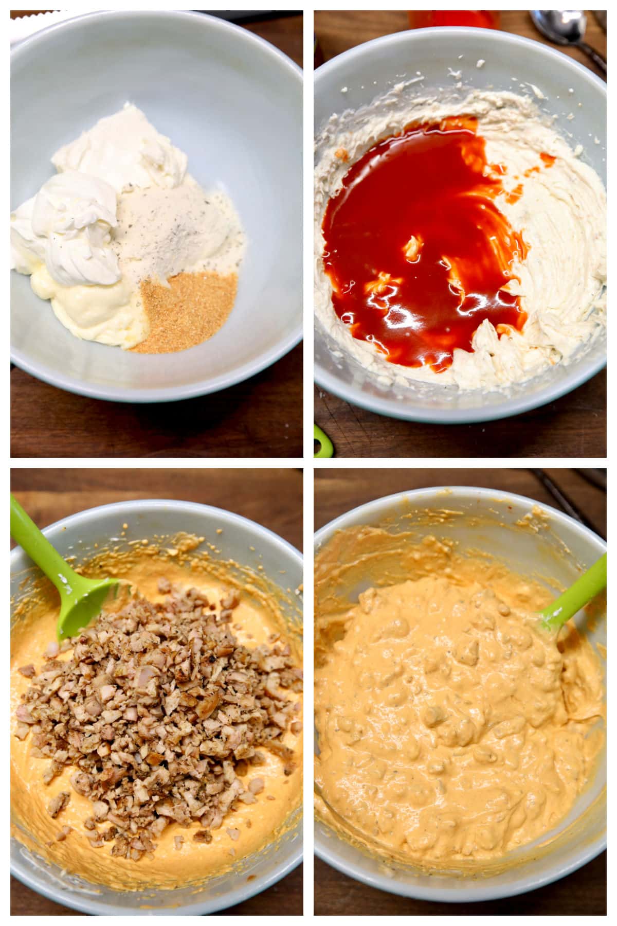 Collage making buffalo chicken dip with hot sauce.