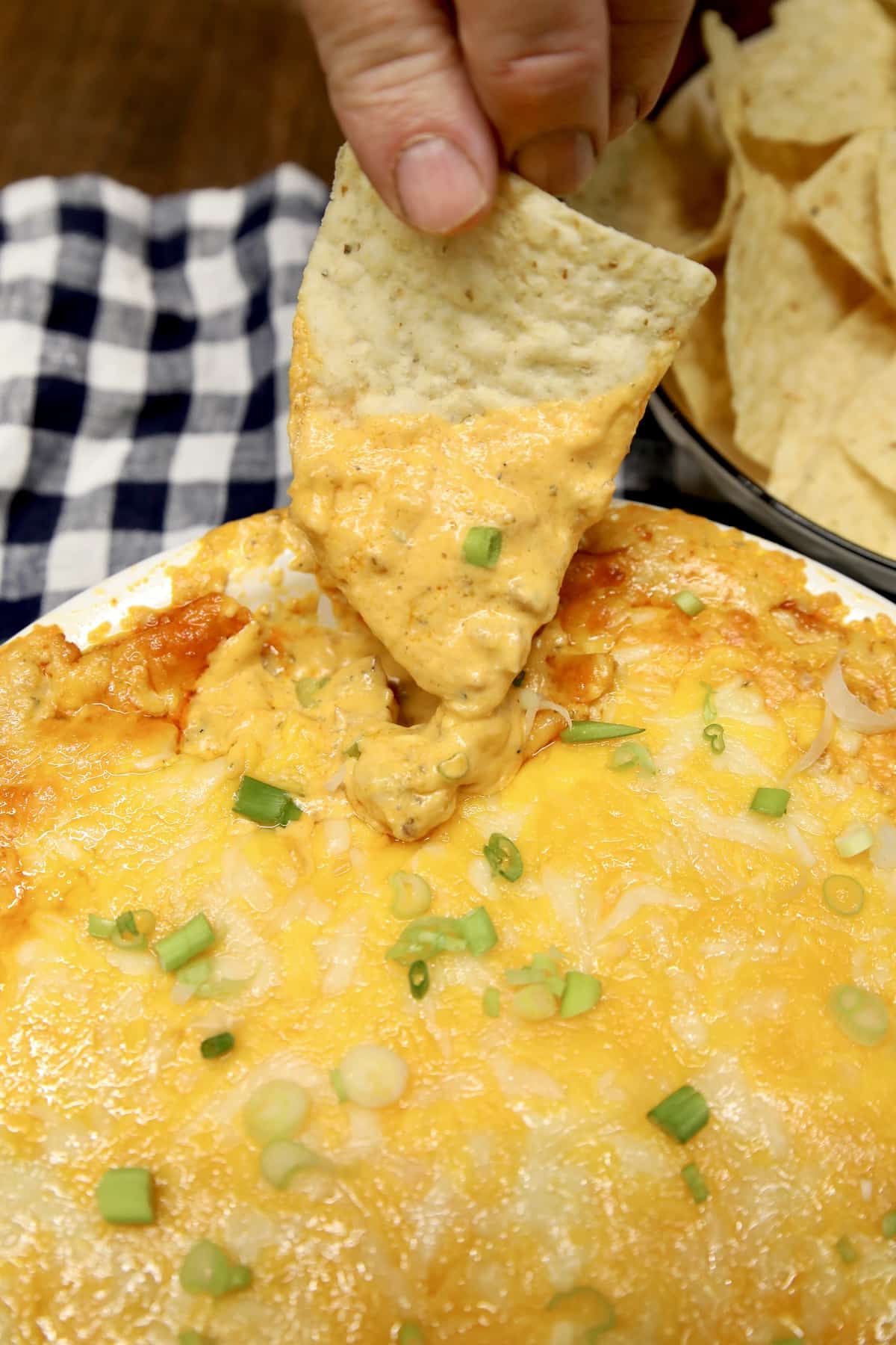 Tortilla chip in spicy chicken dip.