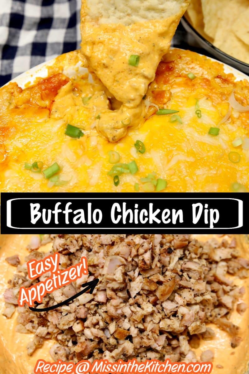 Buffalo chicken dip in a pie plate collage: text overlay.